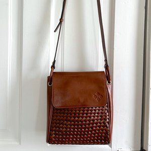 Patricia Nash Marissa Flap Woven Cognac Brown Leather Crossbody Purse